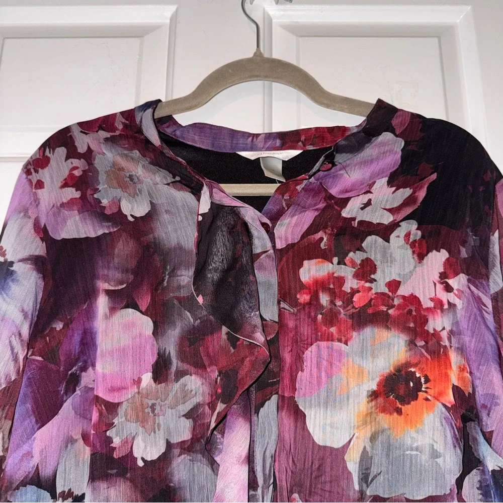 CJ Banks Purple Floral ruffle button down long sleeve Blouse top 1x NWT - Picture 3 of 16